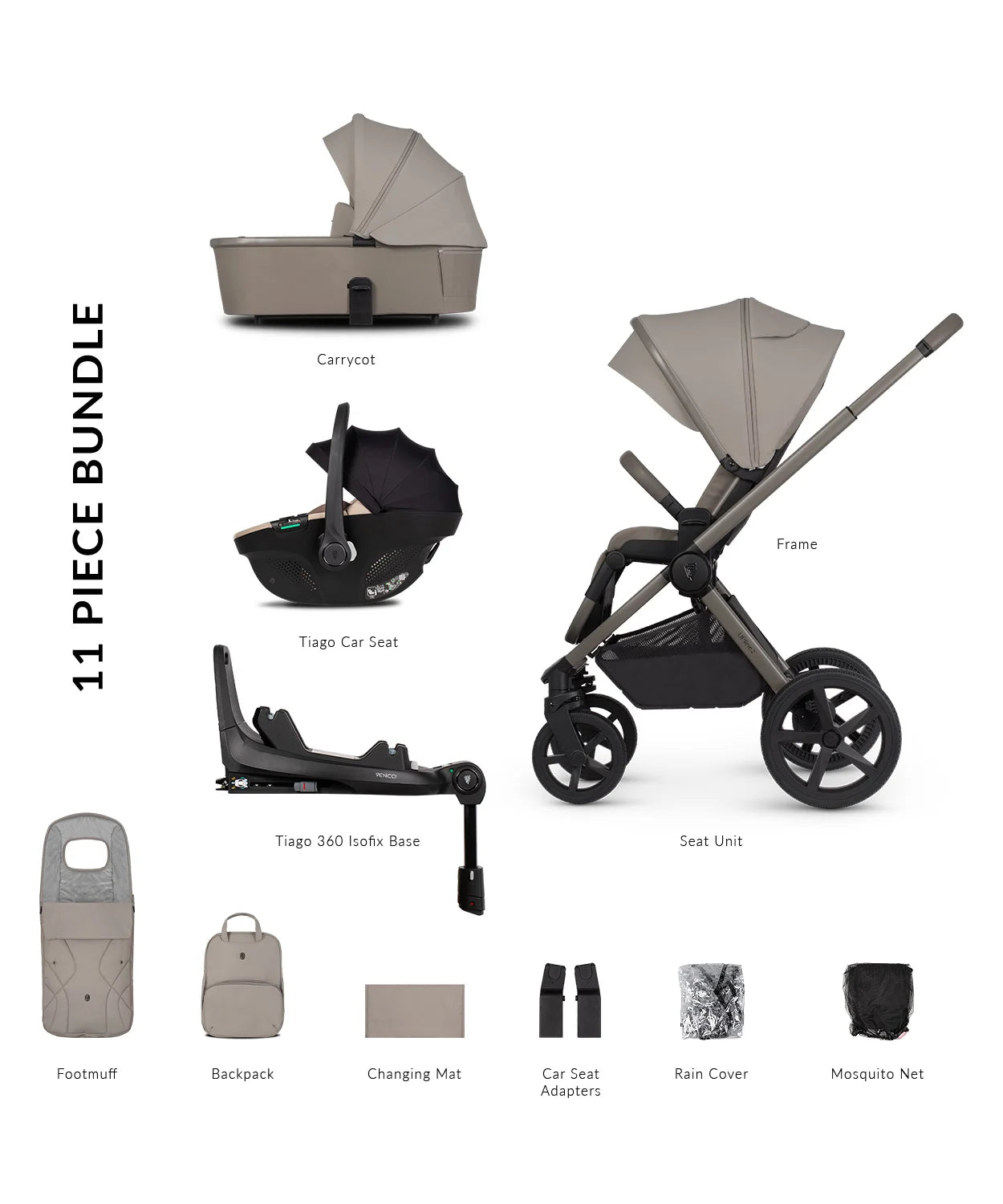 Venicci Upline 2 Pram 3 in 1 Complete Travel System Bundle + Base 360 (Tiago Beige)