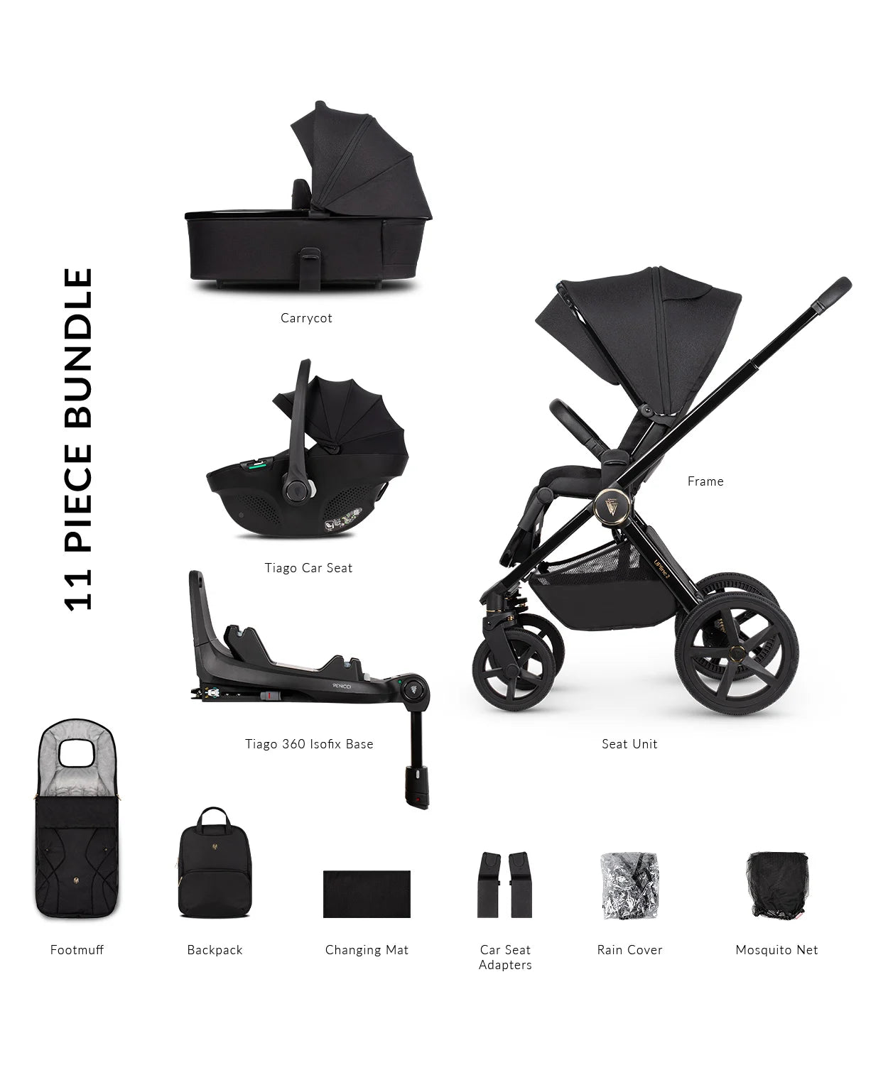 Venicci Upline 2 Pram 3 in 1 Complete Travel System Bundle + Base 360 (Tiago Black)