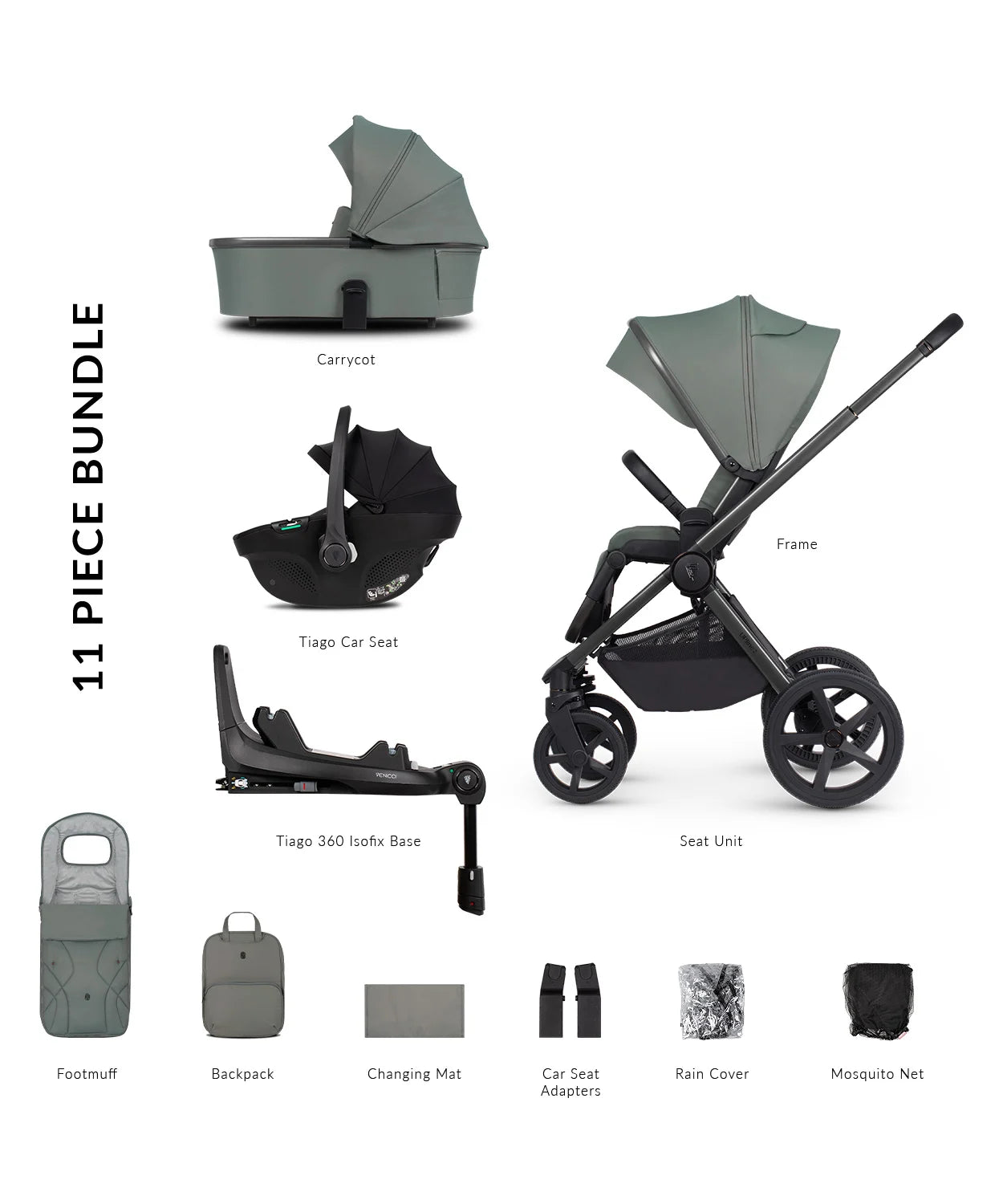 Venicci Upline 2 Pram 3 in 1 Complete Travel System Bundle + Base 360 (Tiago Black)
