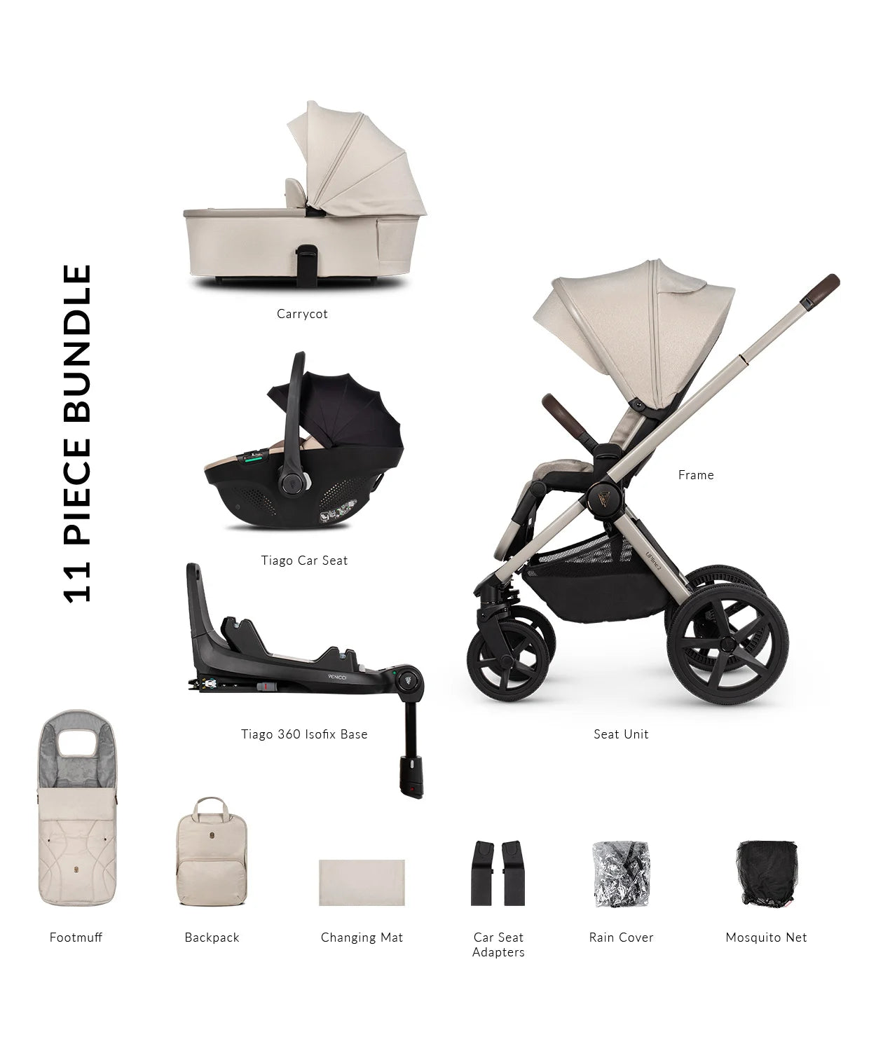 Venicci Upline 2 Pram 3 in 1 Complete Travel System Bundle + Base 360 (Tiago Beige)