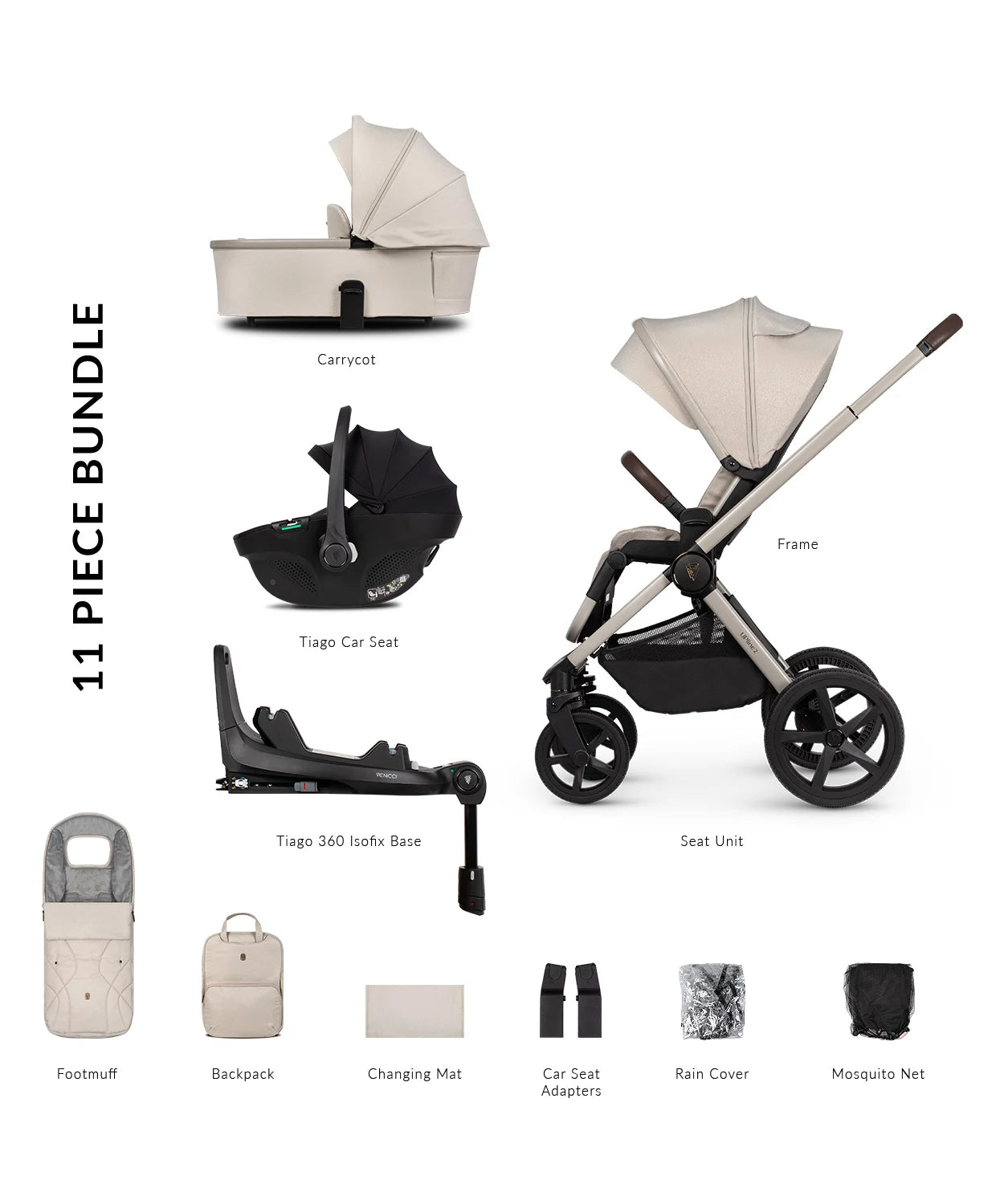 Venicci Upline 2 Pram 3 in 1 Complete Travel System Bundle + Base 360 (Tiago Black)