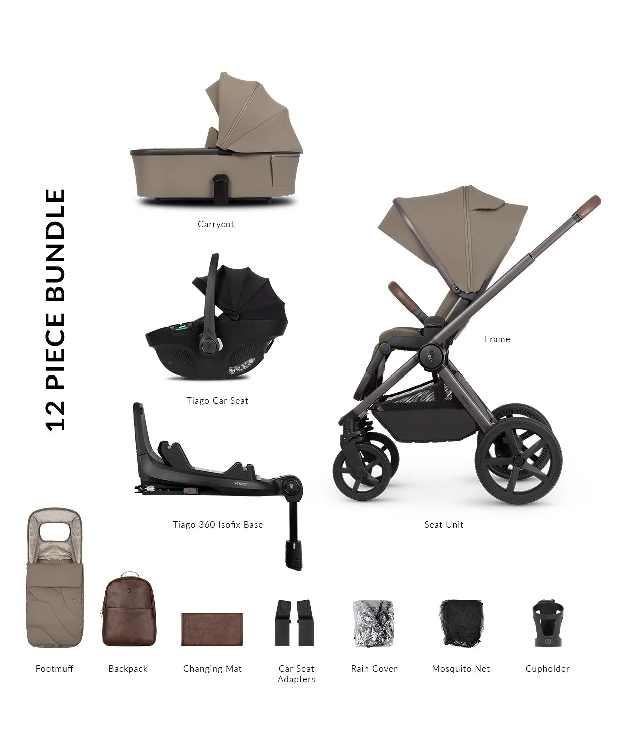 Venicci Upline 2 Pram 3 in 1 Complete Travel System Bundle + Base 360 (Tiago Black)
