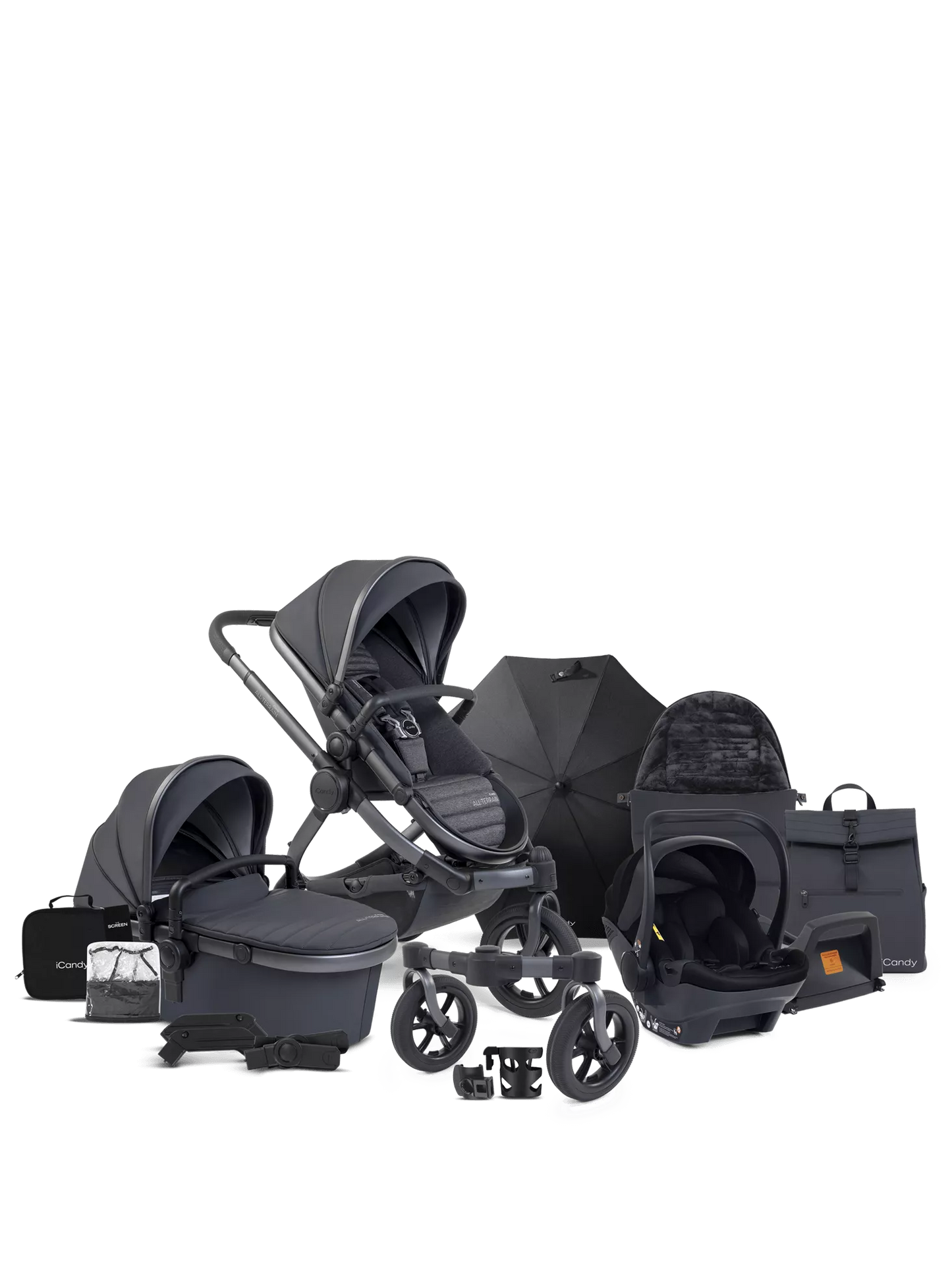 iCandy Peach 7 All-Terrain Storm Pushchair and Carrycot - Complete Car Seat Bundle